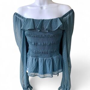 LC Lauren Conrad Blue Ruffle Off-Shoulder Blouse